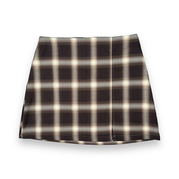 BP Nordstrom Brown Plaid Mini Skirt Size M Ombre Front Slit Academia Coquette - Picture 1 of 10